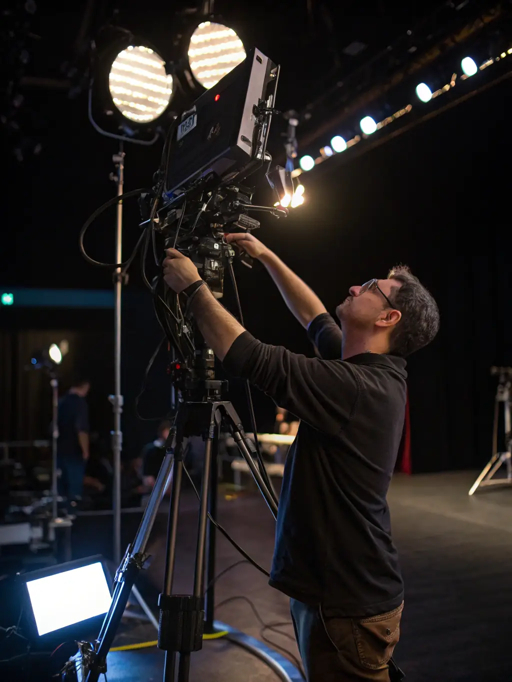 A close-up shot of James Curtis meticulously adjusting lighting equipment during a real estate photoshoot, emphasizing his commitment to quality.