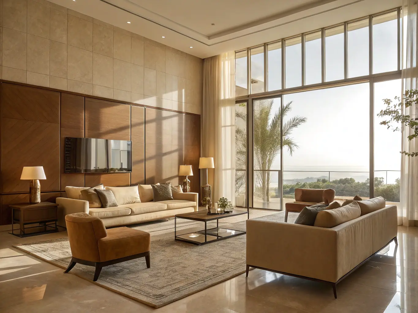 A bright, well-lit living room with wide-angle lens showcasing spaciousness and decor, emphasizing the inviting atmosphere created by Back Porch Media's interior photography.