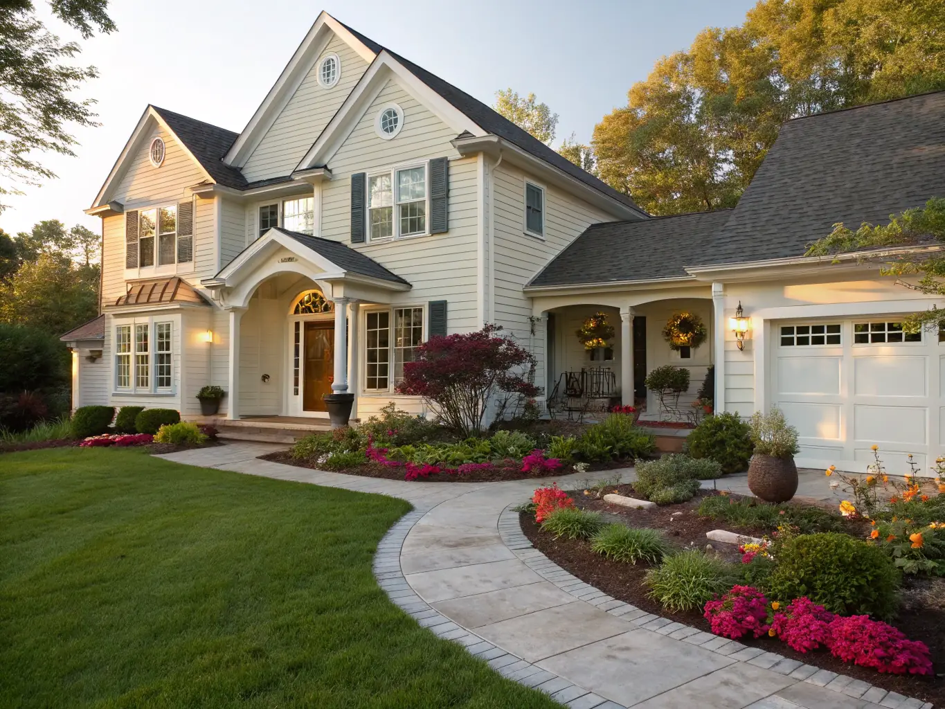 A stunning shot of a house's front with lush landscaping and clear skies, taken by Back Porch Media to highlight curb appeal and attract potential buyers.
